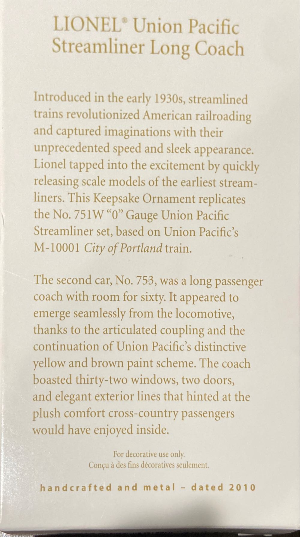 Lionel Union Pacific Streamliner Long Coach - Lionel Train Series (Trains) ornament collectible [Barcode 795902134259] - Main Image 2