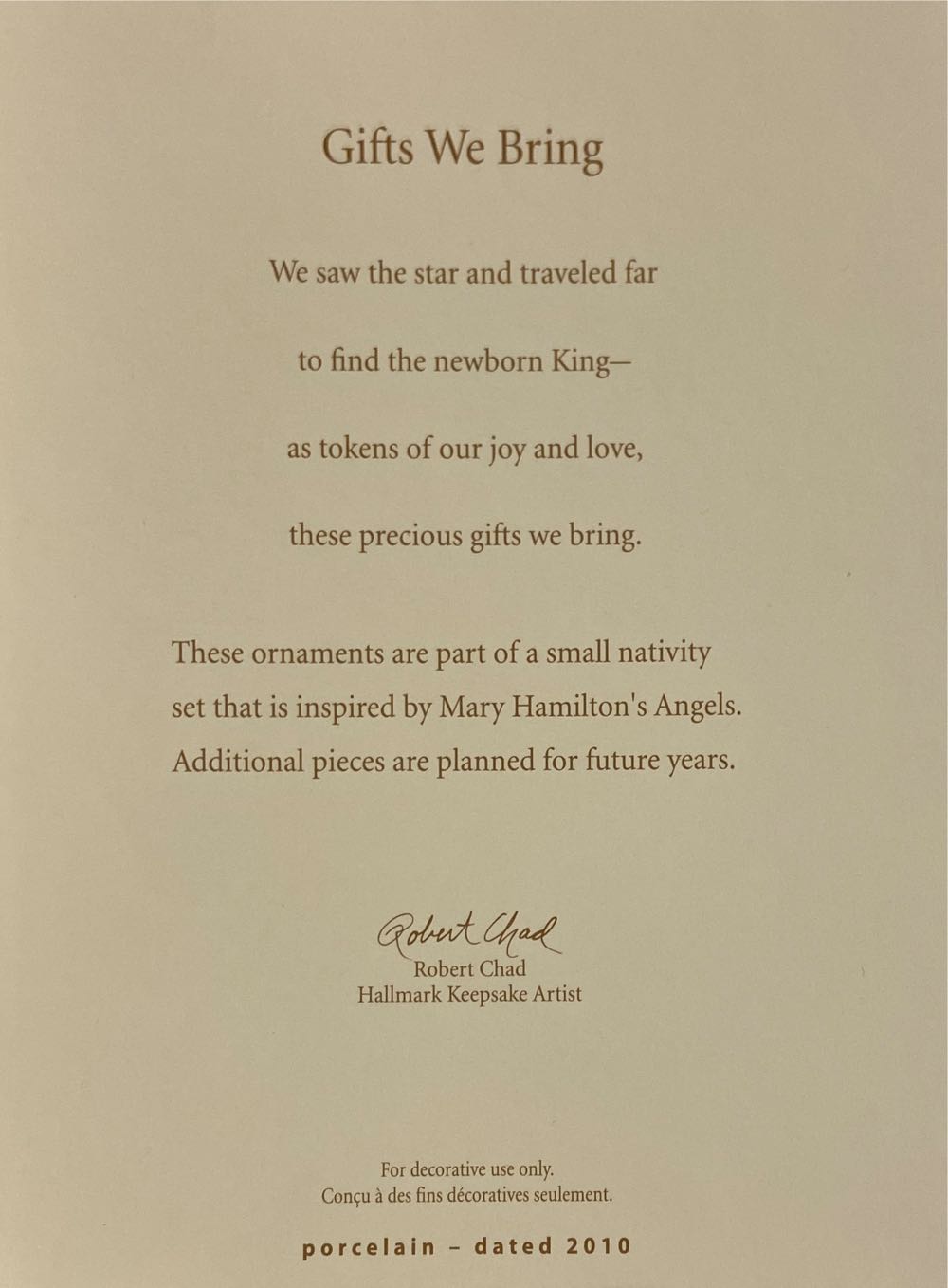 Hallmark Keepsake. Christmas. Mary’s Angels. 2010. Gifts We Bring. Inspired By Mary’s Angels. Sculpted By Robert Chad. - Mary’s Angels (Gifts We Bring) ornament collectible [Barcode 795902155766] - Main Image 3