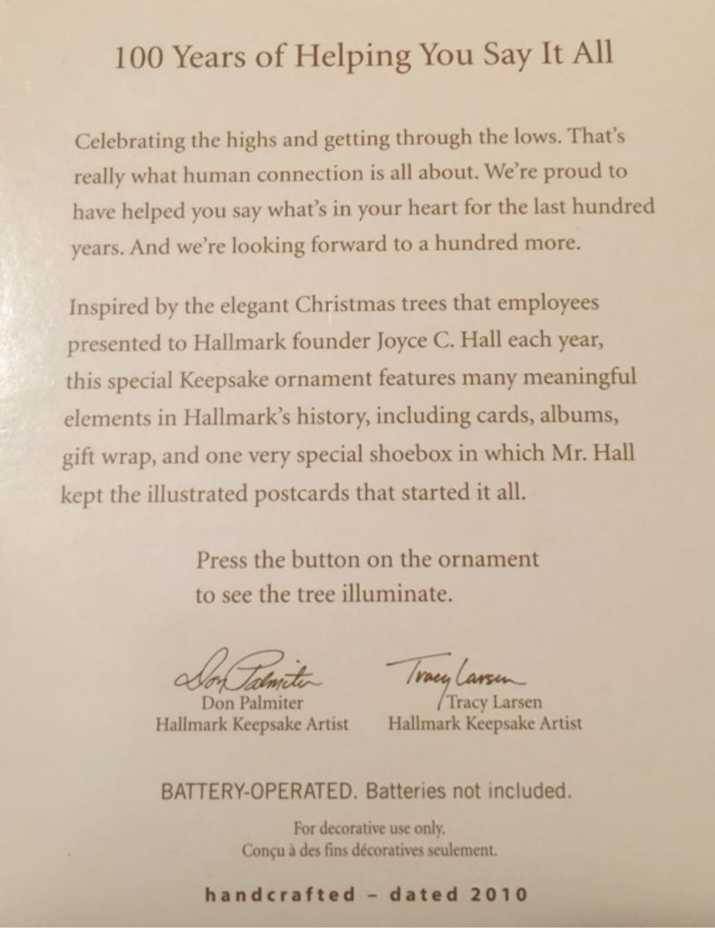 100 Years Of Helping You Say It All 2010 - Hallmark Keepsake (Christmas Tree) ornament collectible [Barcode 795902163464] - Main Image 2