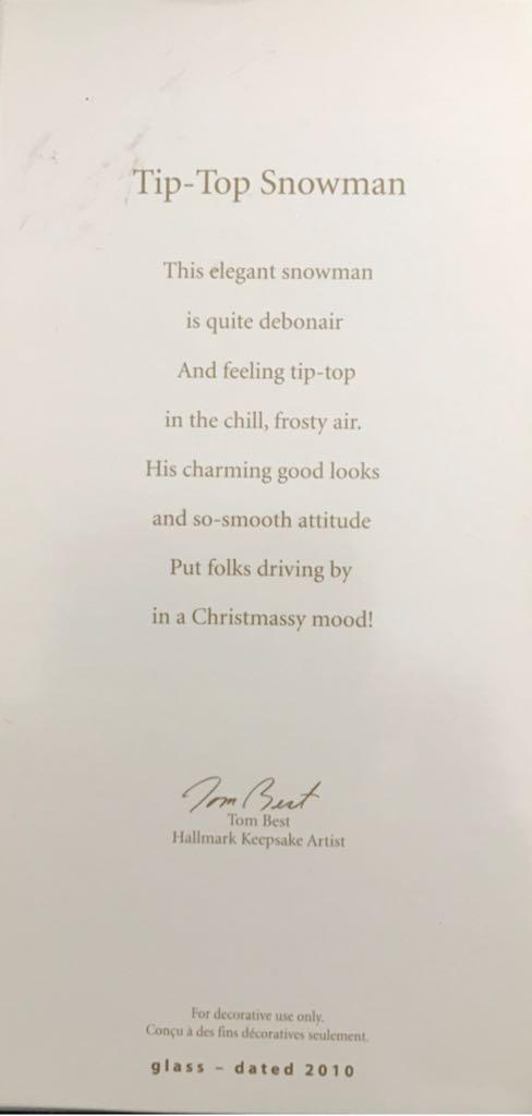 Tip-Top Snowman - Tip-Top Snowman (Snowman, Glass) ornament collectible [Barcode 795902165345] - Main Image 2