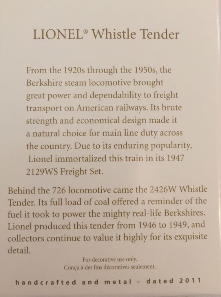 Lionel Whistle Tender - Lionel Trains (Keepsake) ornament collectible [Barcode 795902191535] - Main Image 2