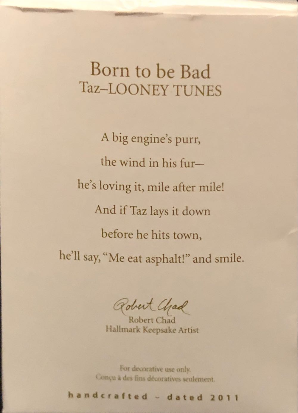 Born To Be Bad - Looney Tunes (Taz - Looney Tunes) ornament collectible [Barcode 795902191641] - Main Image 2