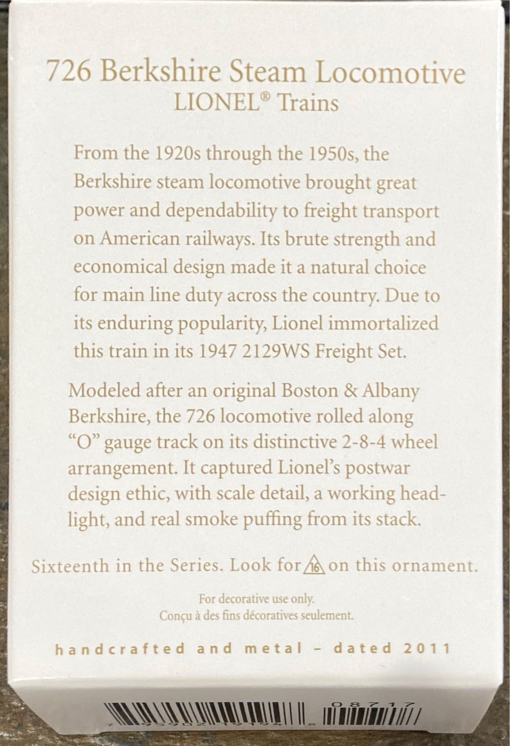 726 Berkshire Steam Loc16 2011 Hallmark Ornament - QX8717 - Lionel Trains (Lionel Trains) ornament collectible [Barcode 795902191948] - Main Image 2