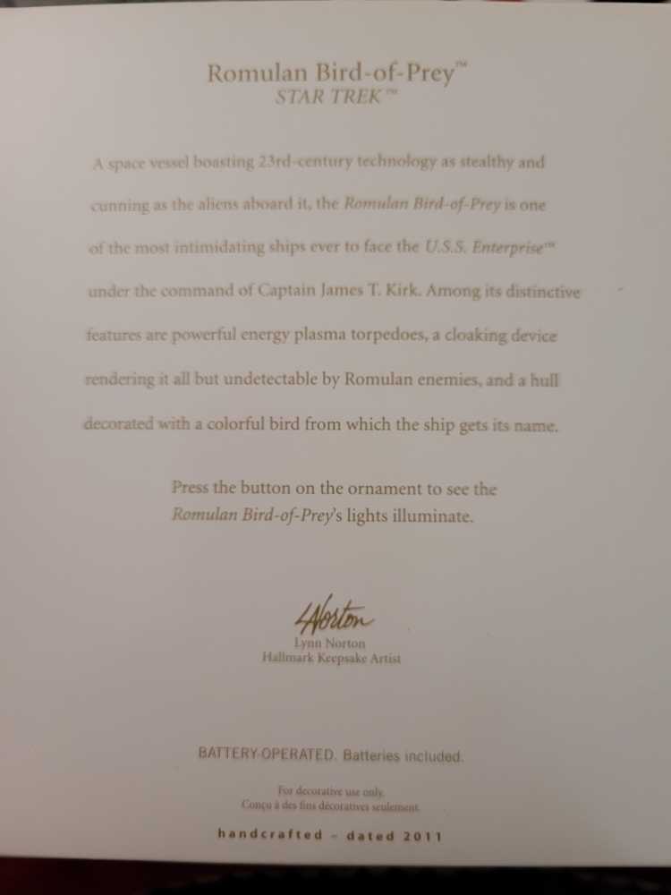 Star Trek: Romulan Bird-of-prey - Star Trek (Movies & Television) ornament collectible [Barcode 795902192129] - Main Image 3