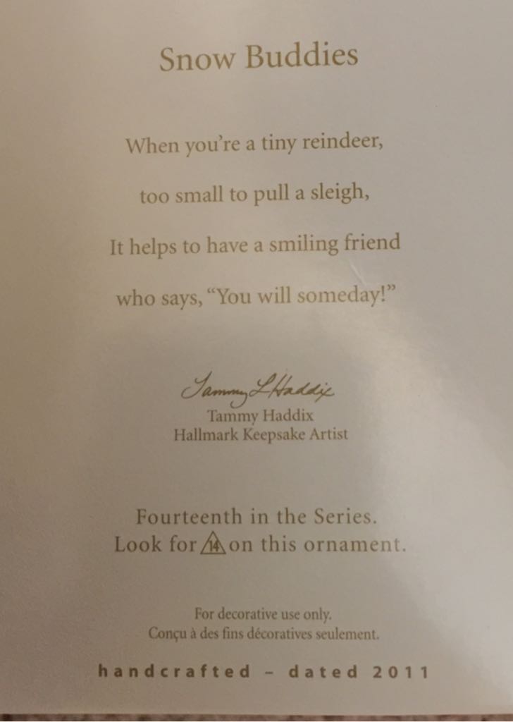 Snow Buddies 2011 Reindeer Hallmark Ornament Qx8799 - 14th (Snow Buddies) ornament collectible [Barcode 795902194390] - Main Image 2