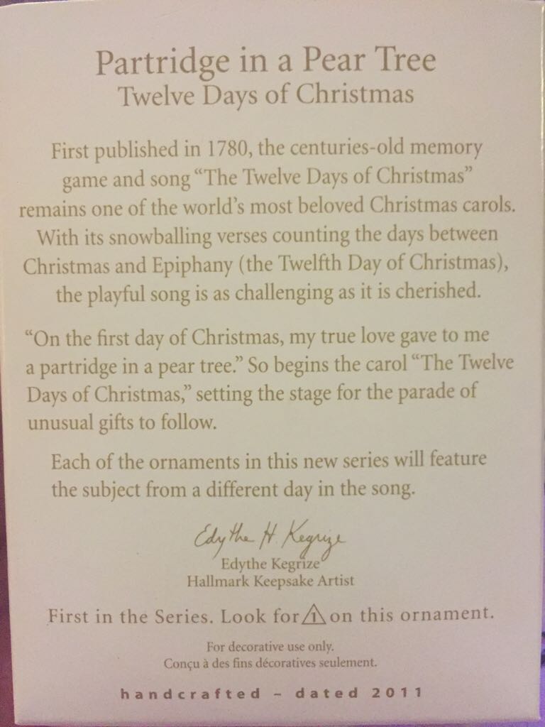 12 Days Of Christmas: #1/Partridge In A Pear Tree - Twelve Days Of Christmas (12 Days Of Christmas) ornament collectible [Barcode 795902200855] - Main Image 2