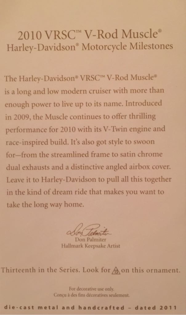 2010 VRAC V-Rod Muscle QX8837 - Harley-Davidson Motorcycle Milestones (Harley Davidson Motorcycles) ornament collectible [Barcode 795902202460] - Main Image 2