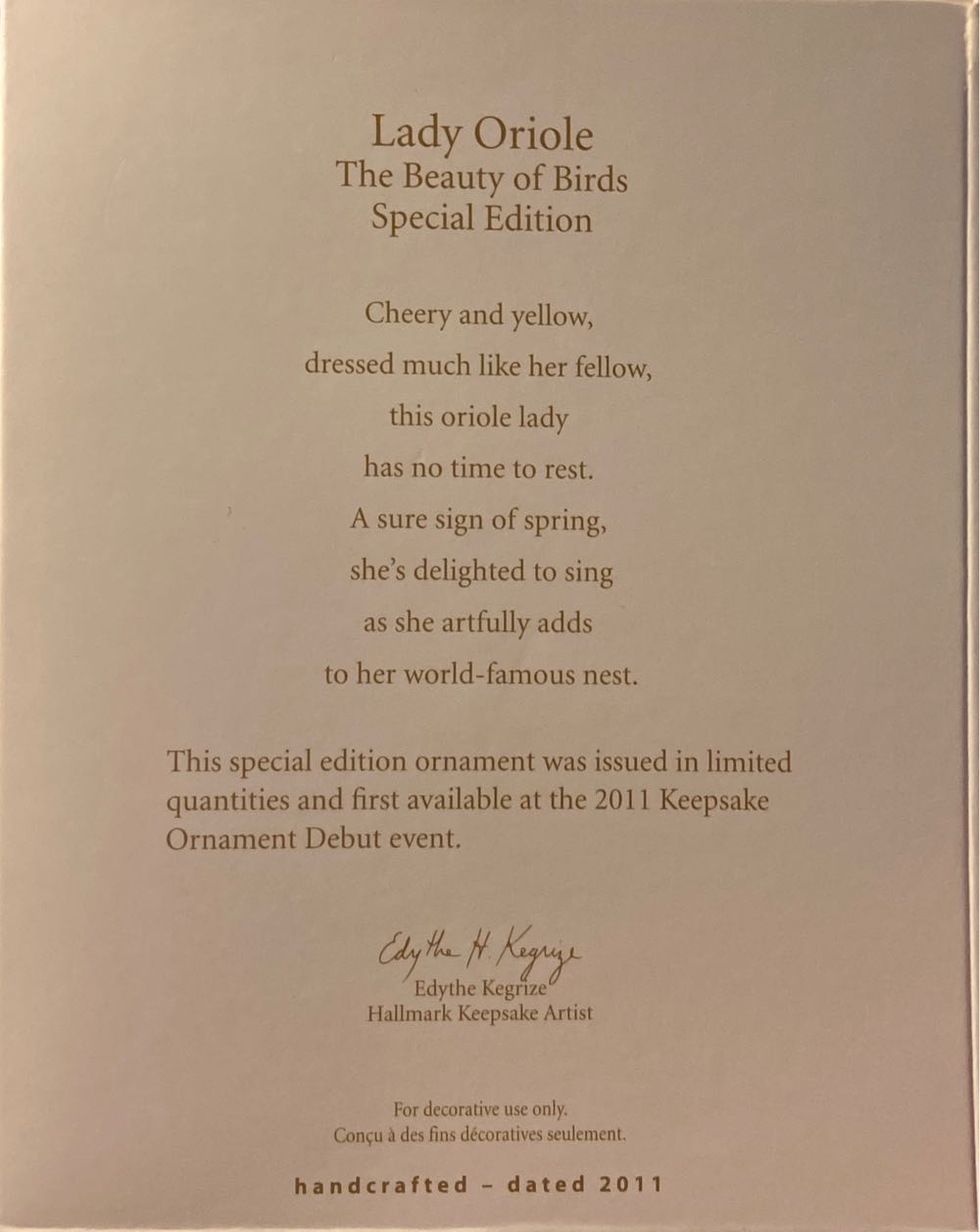 Lady Oriole 2011 - Beauty Of Birds (Special Edition) ornament collectible [Barcode 795902205485] - Main Image 2