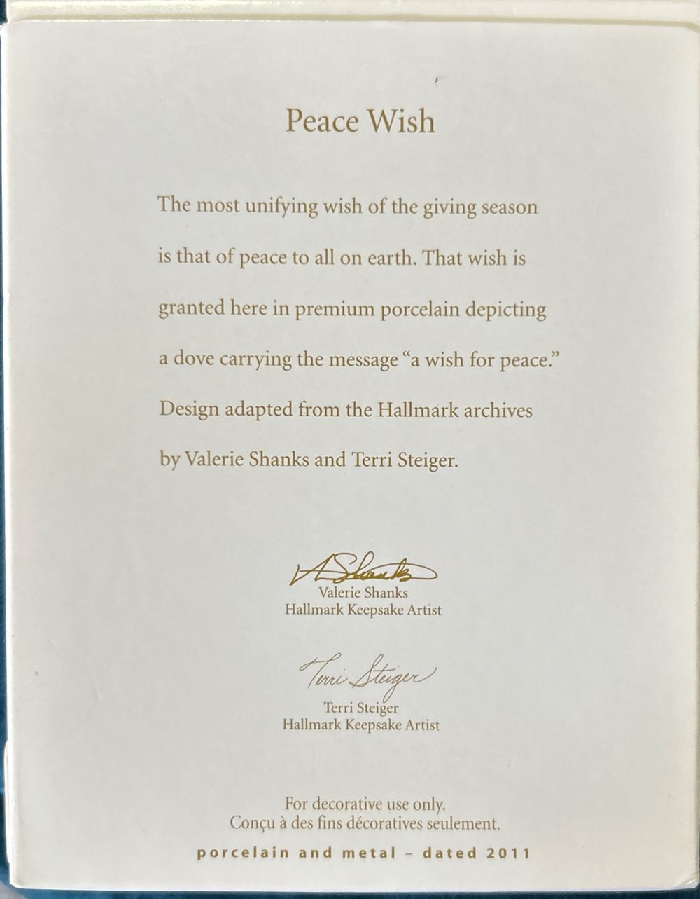 Peace Wish  (Keepsake) ornament collectible [Barcode 795902220327] - Main Image 2