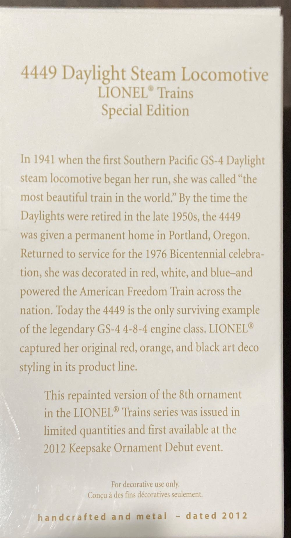 4449 Southern Pacific Daylight Steam Locomotive - Lionel Train Series (Trains) ornament collectible [Barcode 795902240462] - Main Image 3