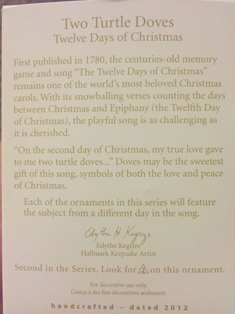 12 Days Of Christmas: #2/Two Turtle Doves - Twelve Days Of Christmas (12 Days Of Christmas) ornament collectible [Barcode 795902241230] - Main Image 2