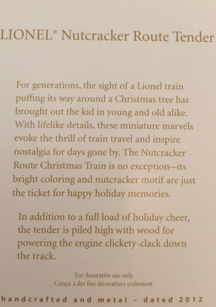 Lionel Nutcracker Route Tender - Lionel Train Series (Trains) ornament collectible [Barcode 795902243326] - Main Image 2