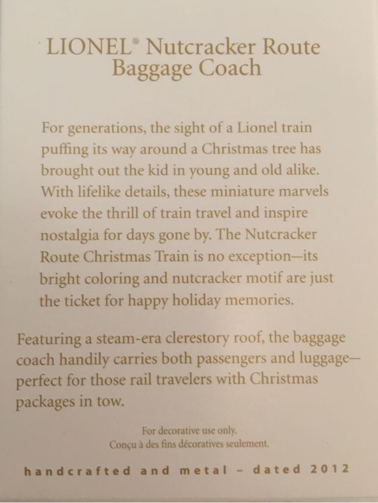 Lionel Nutcracker Route Baggage Coach - Lionel Train Series (Trains) ornament collectible [Barcode 795902243463] - Main Image 2
