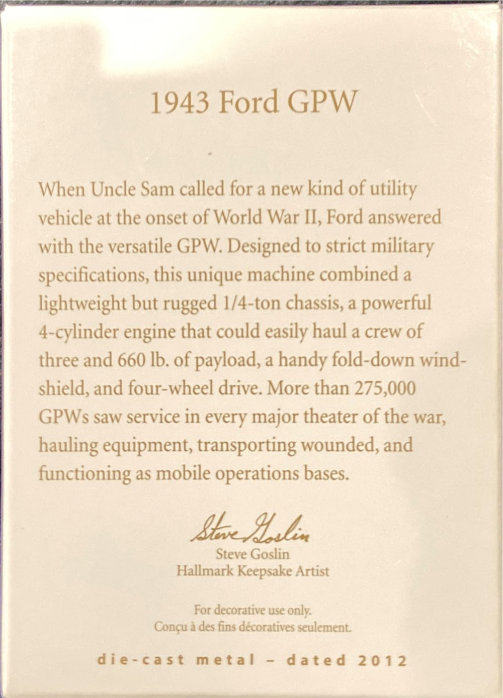 1943 Ford GPW Jeep - Ford (Keepsake) ornament collectible [Barcode 795902247911] - Main Image 3