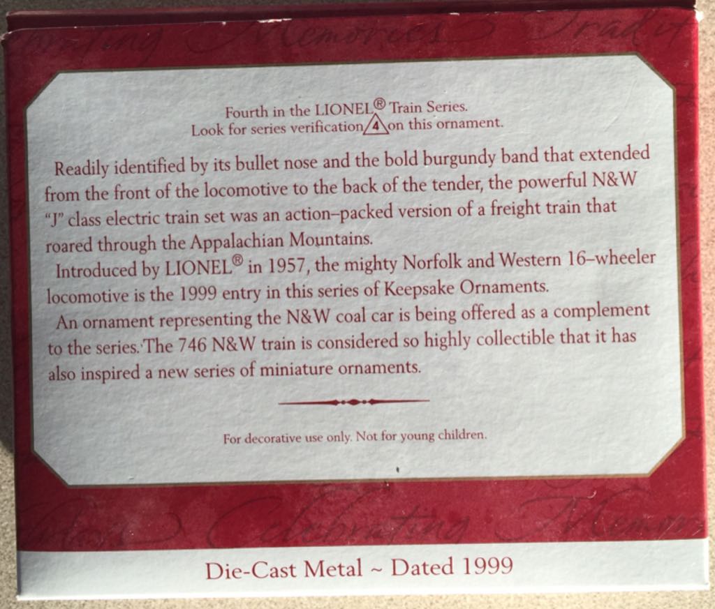 Norfolk and western Steam Locomotive Lionel Train - Lionel Train Series (Trains) ornament collectible [Barcode 015012478723] - Main Image 2