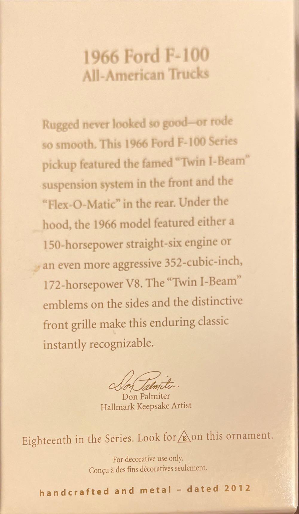 1966 Ford F-100 - All-American Trucks (Trucks) ornament collectible [Barcode 795902249823] - Main Image 3