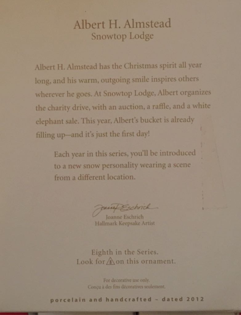 Albert H. Almstead - Snowtop Lodge (Snowman) ornament collectible [Barcode 795902268107] - Main Image 2