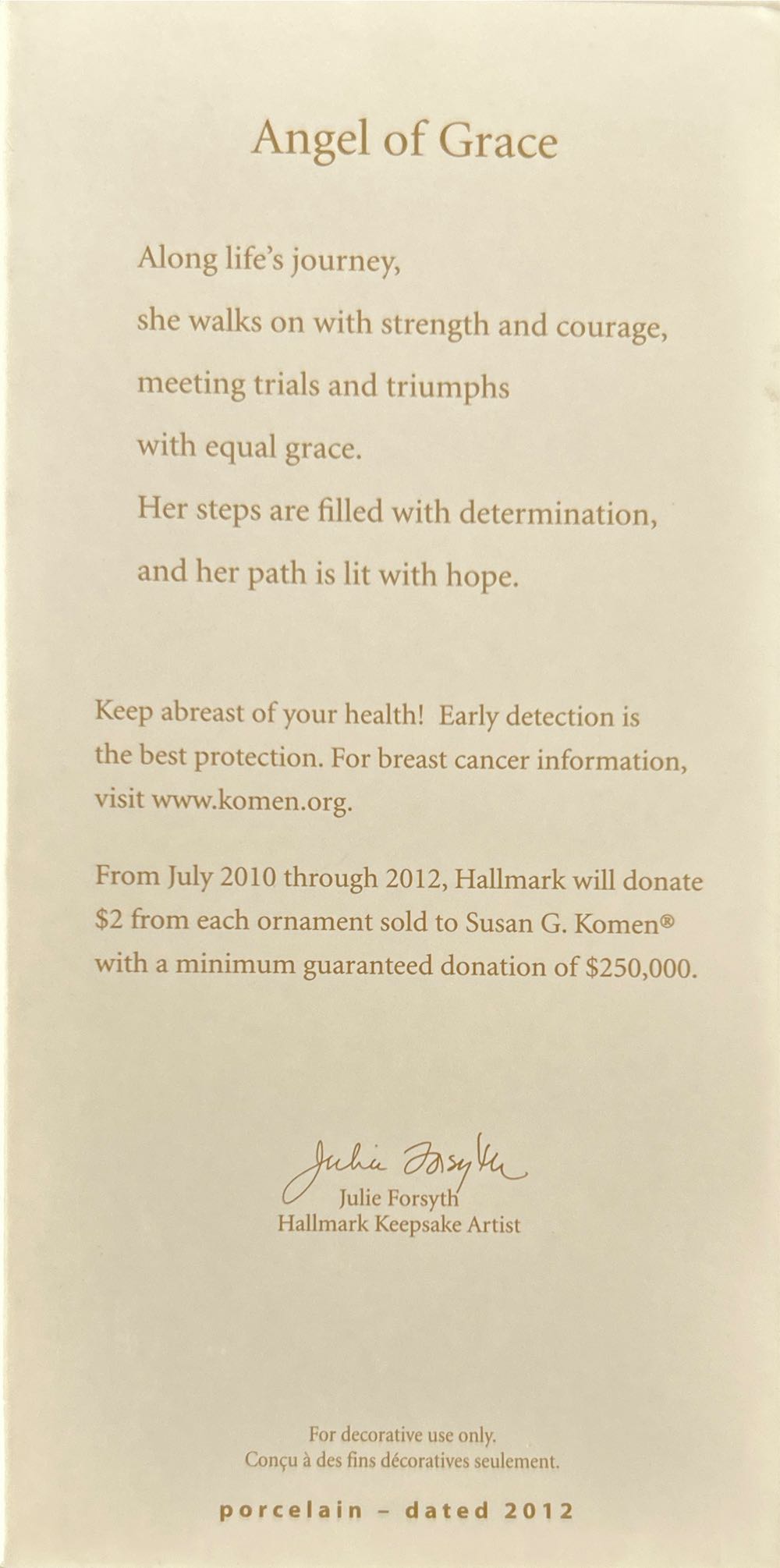 Angel Of Grace - Susan G. Komen (Keepsake) ornament collectible [Barcode 795902273484] - Main Image 2