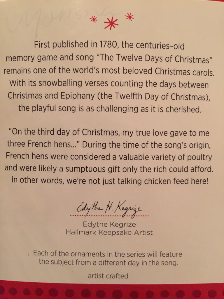 12 Days Of Christmas: #3/Three French Hens - Twelve Days Of Christmas (12 Days Of Christmas) ornament collectible [Barcode 795902319403] - Main Image 2