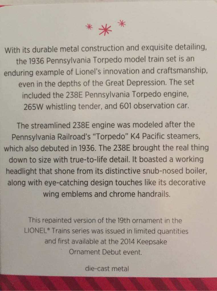 Pennsylvania Torpedo Locomotive - Lionel Train Series (Trains) ornament collectible [Barcode 795902402839] - Main Image 2