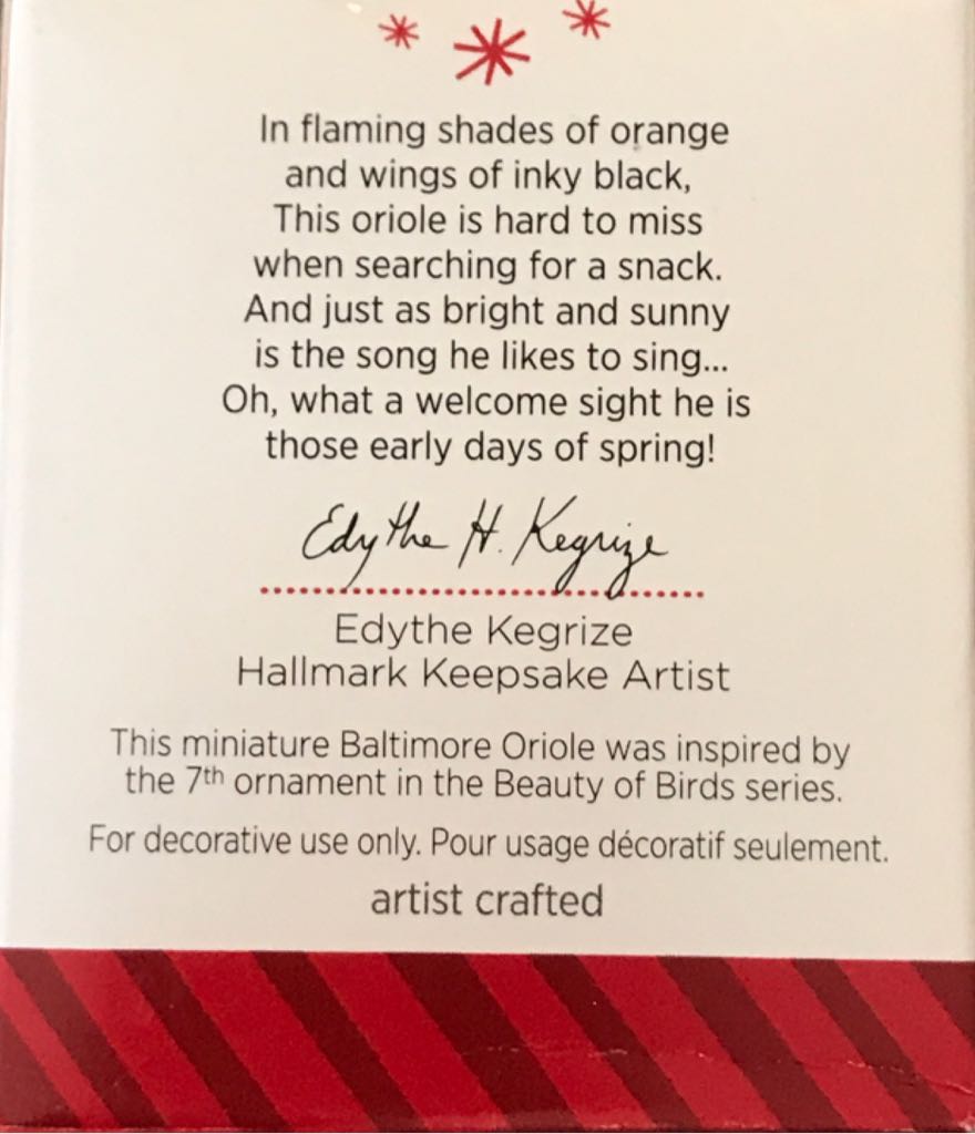 Baltimore Oriole - The Beauty Of Birds Mini (Keepsake Miniature) ornament collectible [Barcode 795902412463] - Main Image 2