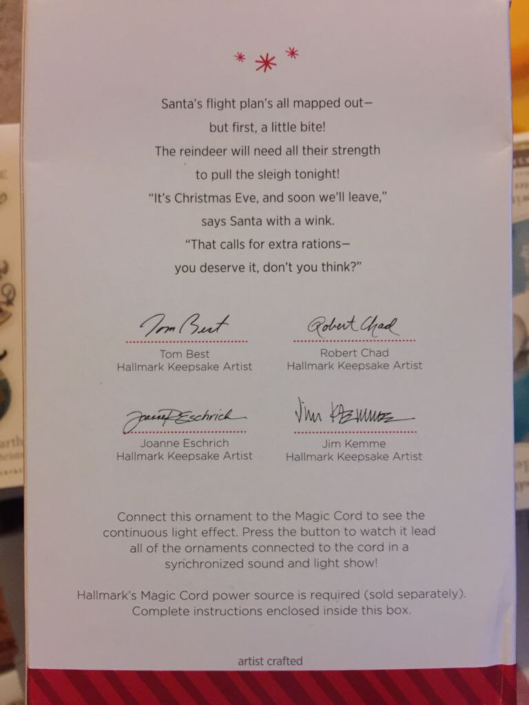 OUAC#4 Hallmark Keepsake. Christmas. Once Upon A Christmas. 2014. 4th In Series. A Pre-Flight Snack. Magic Cord. Designed By Tom Best, Robert Chad, Joanne Eschrich, & Jim Kemme. - Once Upon A Christmas (4th In Series: A Pre-Flight Snack) ornament collectible [Barcode 795902422530] - Main Image 2