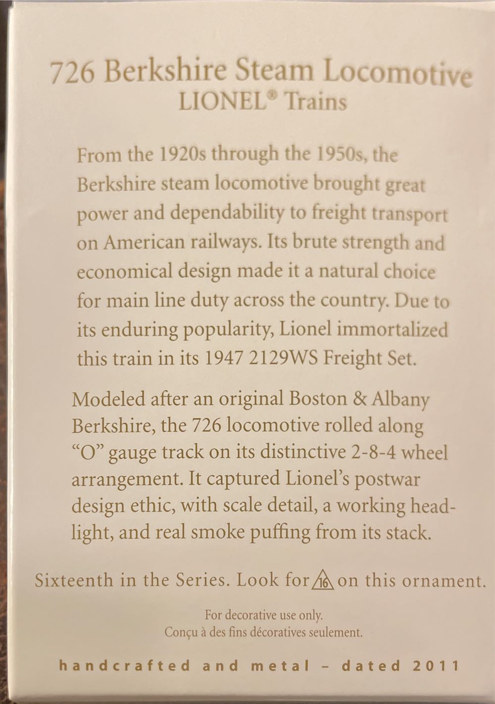 LT#16  726 Berkshire Steam Locomotive - Lionel Trains (Lionel Trains) ornament collectible [Barcode 8785882191948] - Main Image 2