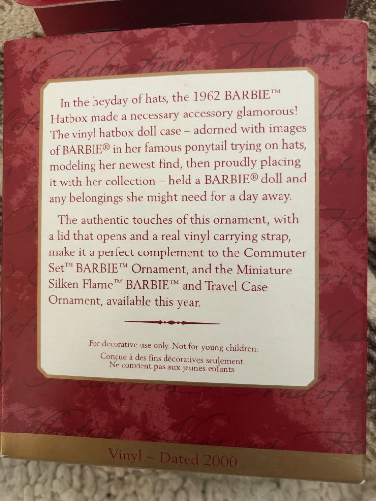 Barbie: 1962 Barbie Hatbox Case 2000 - Barbie (Vintage Barbie Hatbox) ornament collectible [Barcode 015012569575] - Main Image 2