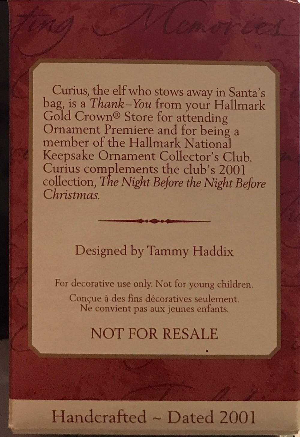 Curius the Elf - The Night Before Christmas (Keepsake CLUB Ornament) ornament collectible - Main Image 3