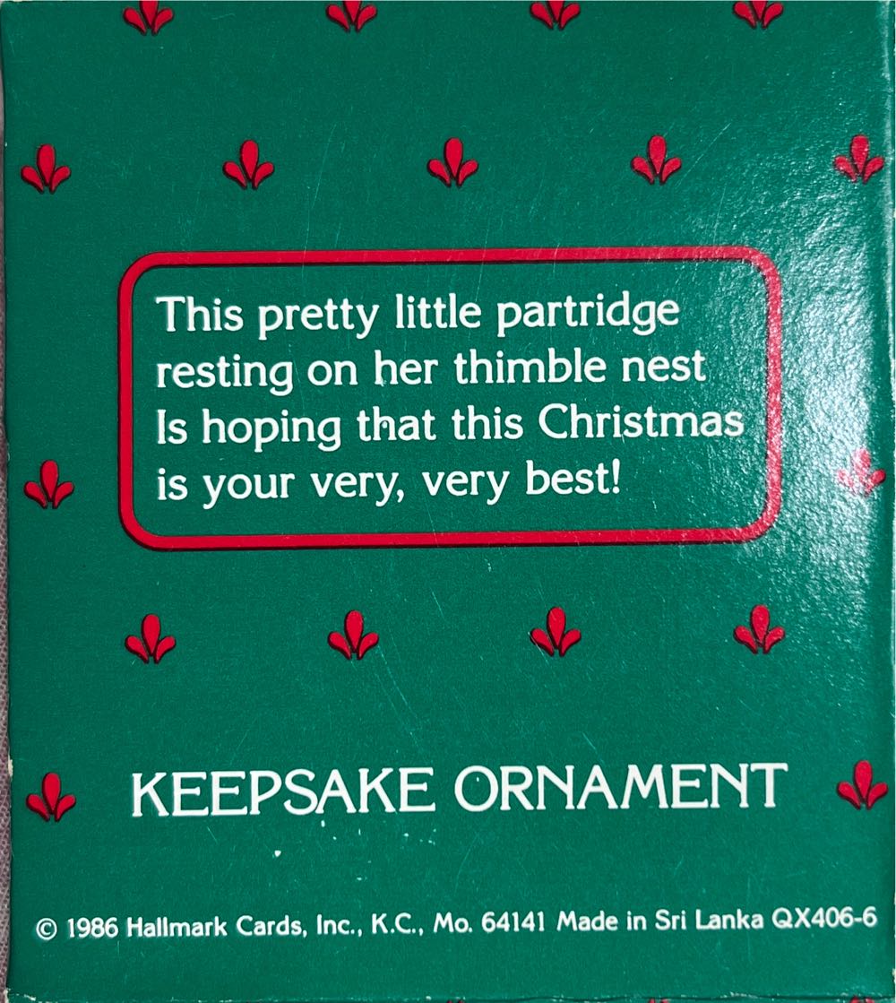 Thimble #9 Partridge 1986 - Thimble Series (Collectible Series) ornament collectible - Main Image 3