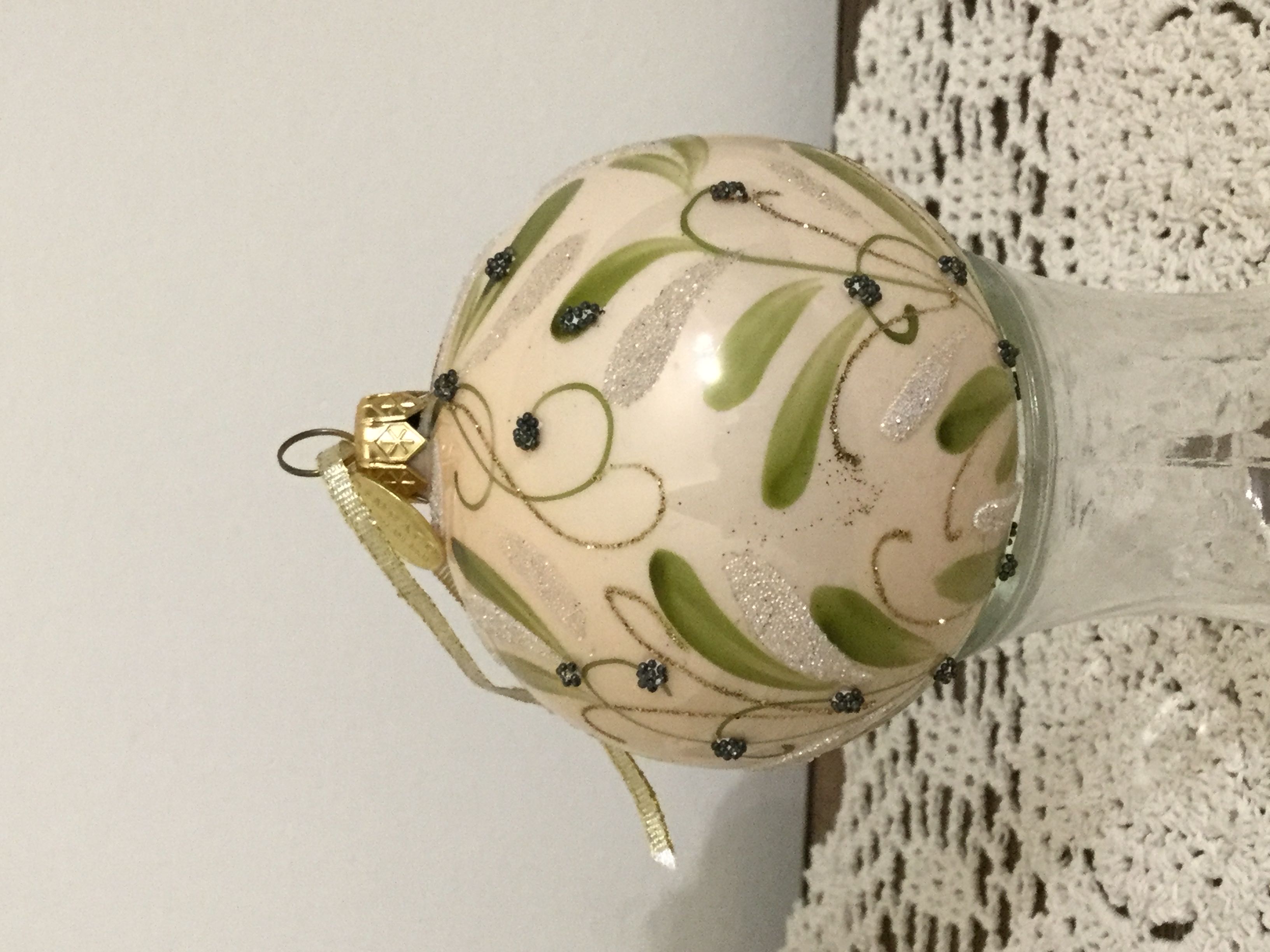 DEM Cream ball with Green Leaves, Gold Glitter & Red Rhinestones  ornament collectible - Main Image 2