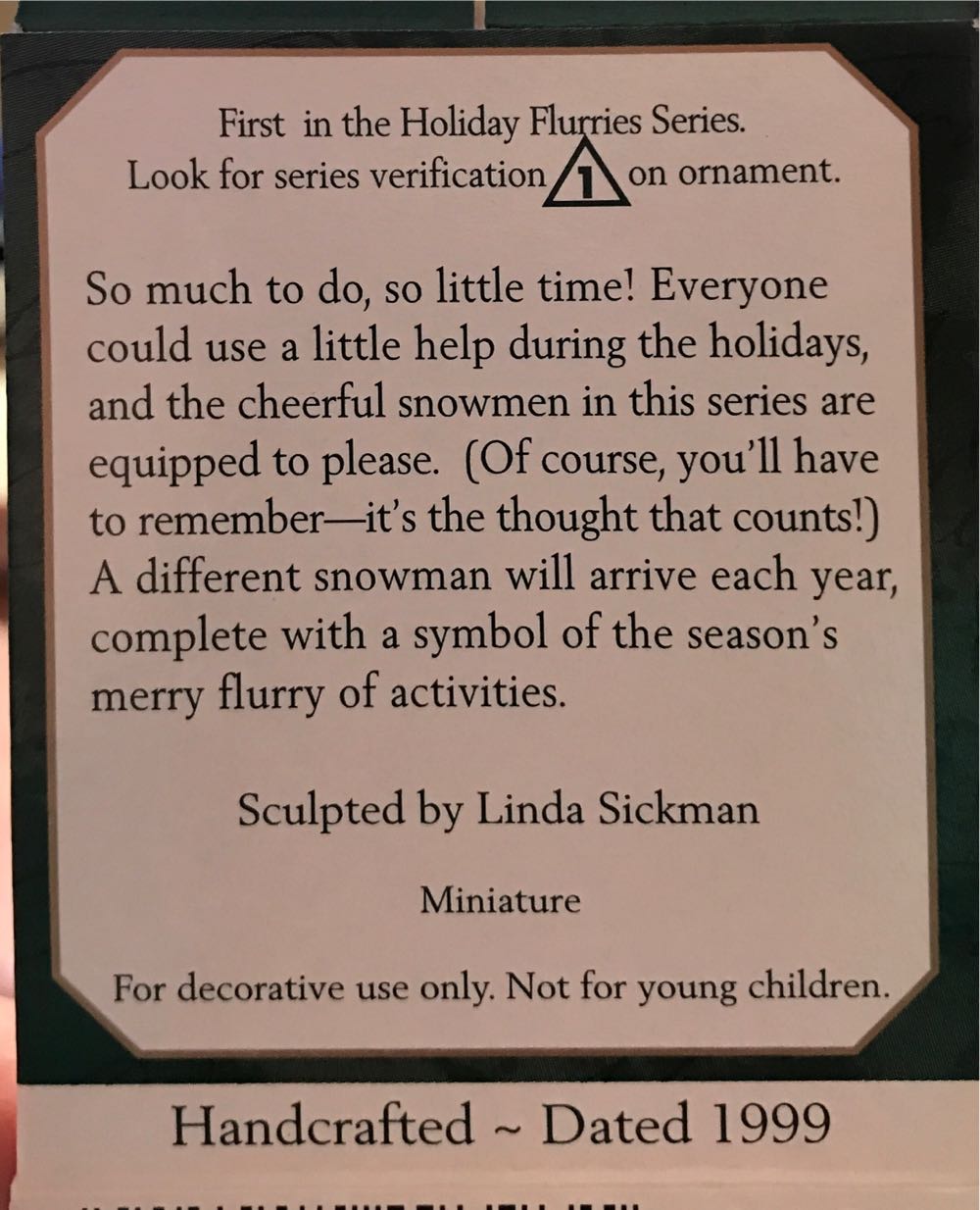 Miniature Holiday Flurries #1 - Snowman (Miniature Collector’s Series) ornament collectible [Barcode 015012493931] - Main Image 2