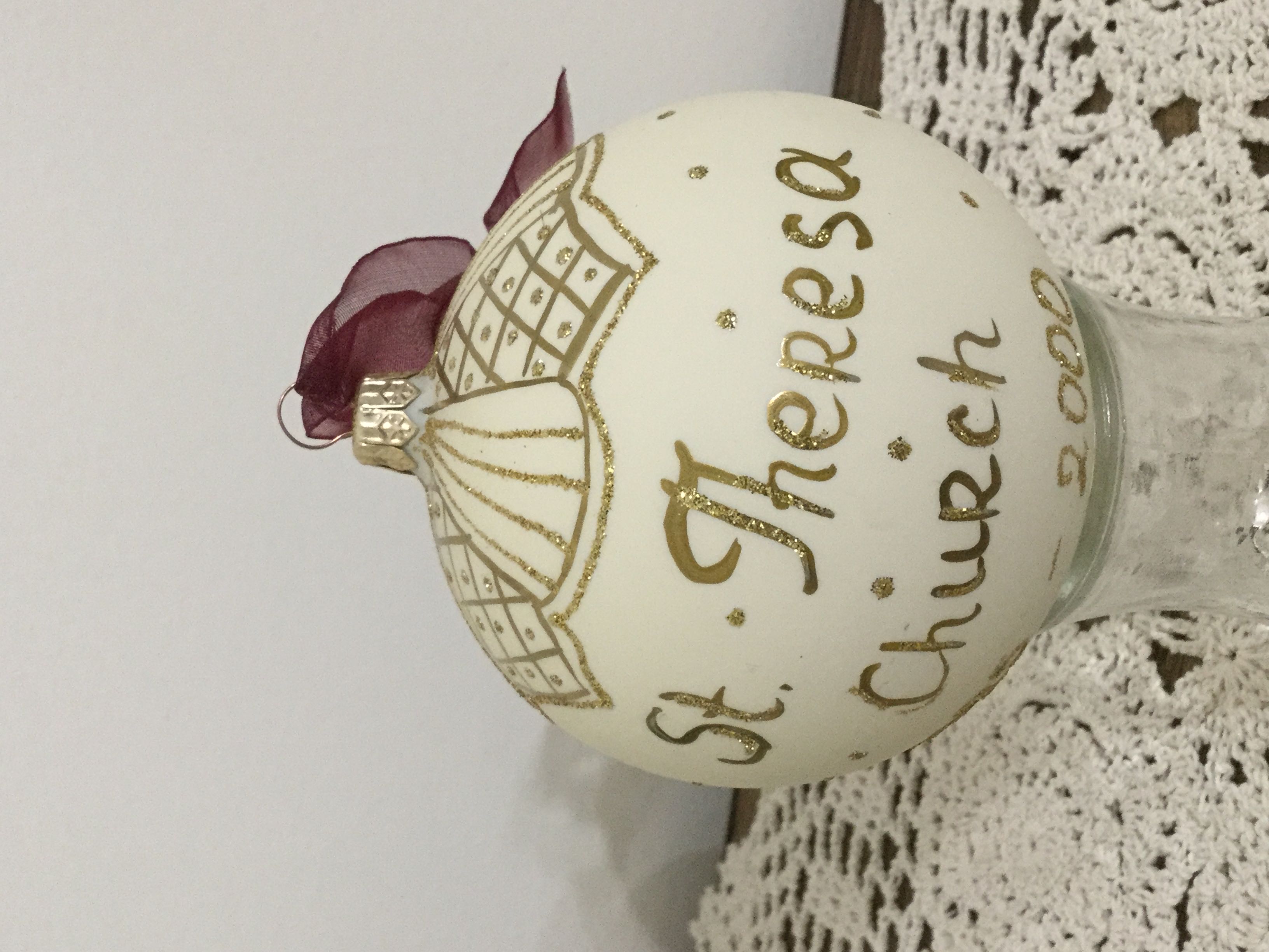 White ball with painted Red Flowers & Gold glitter vines (St. Theresa)  ornament collectible - Main Image 2