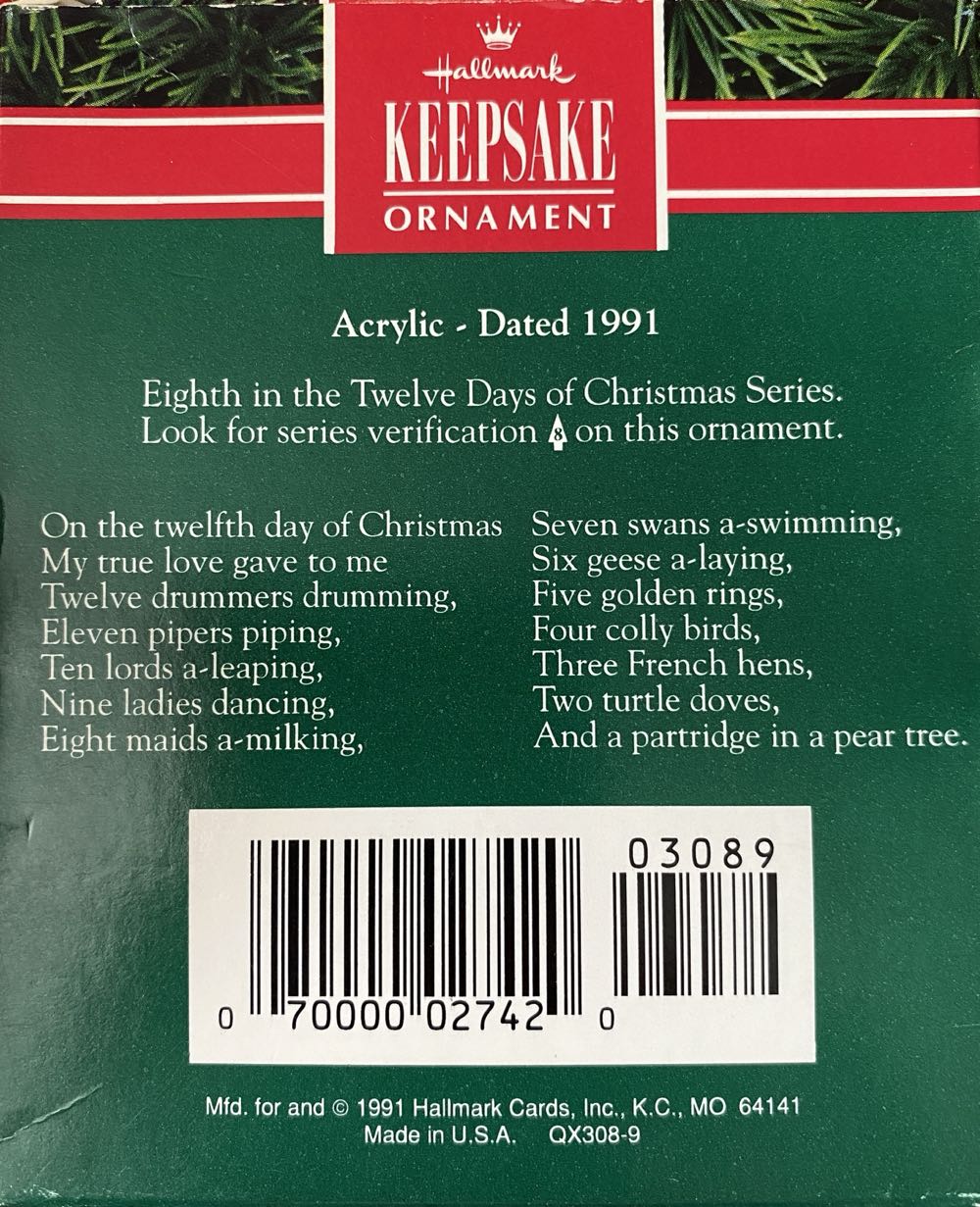 Eight Maids A Milking - Twelve Days Of Christmas (Acrylic) ornament collectible [Barcode 070000027420] - Main Image 2