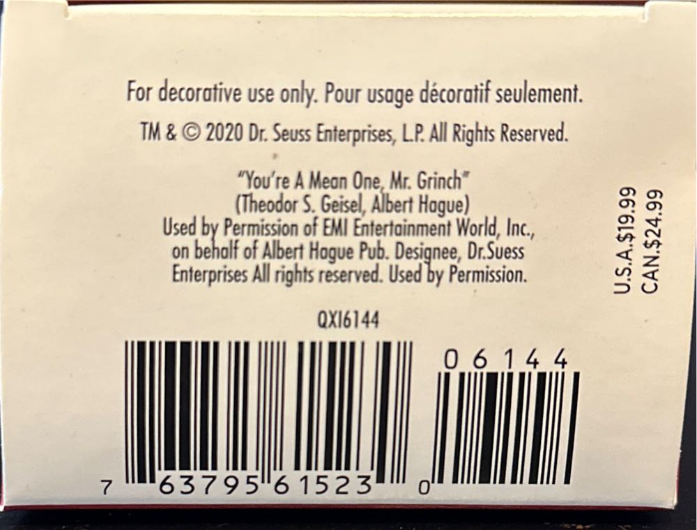 Hallmark Keepsake. Christmas. Grinch. 2020. Dr Seuss. You’re A Mean One Mr. Grinch. Designed By Nello Williams. - Dr. Seuss’s How the Grinch Stole Christmas! (You’re A Mean One, Mr Grinch) ornament collectible [Barcode 763795615230] - Main Image 4