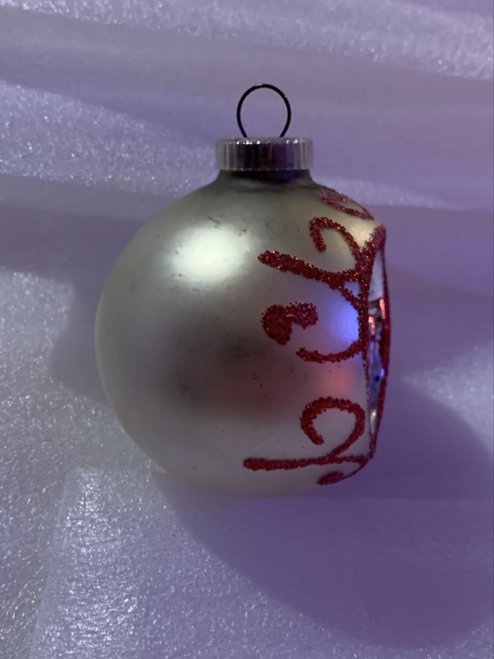 Medium White Ball With Blue Dimple And Red Glitter  ornament collectible - Main Image 2