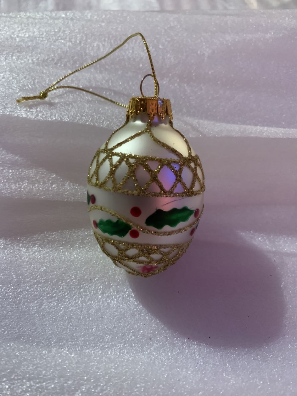 Medium White Egg With Gold Glitter And Holly  ornament collectible - Main Image 1