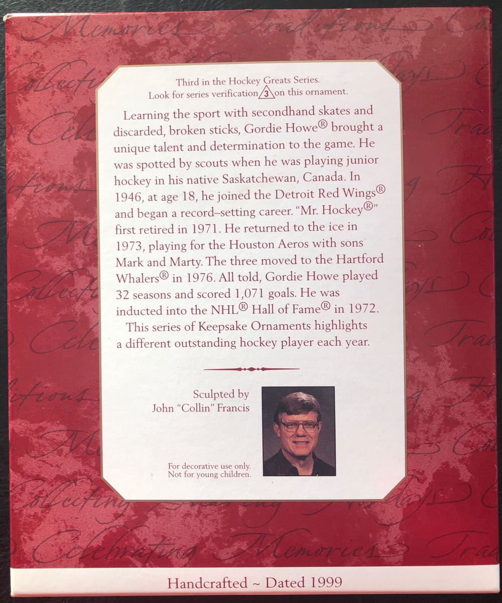 NHL: Gordie Howe Detroit Redwings  #3 1999 Ornament - Hockey Greats Series (Gordie Howe) ornament collectible [Barcode 015012480887] - Main Image 2