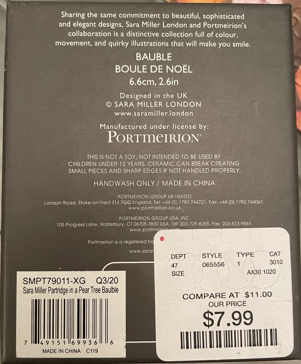 Portmeirion Home & Gifts Partridge In A Pear Tree Christmas Bauble Ceramic Multi Coloured 9  ornament collectible [Barcode 749151699366] - Main Image 3