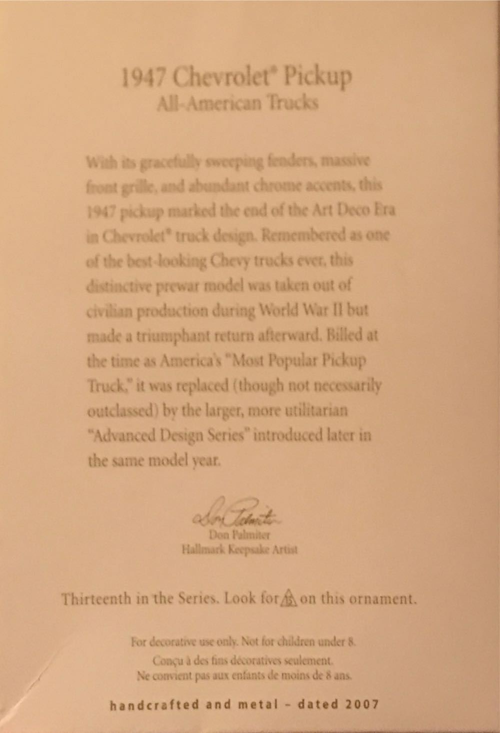 AAT#13 1947 Chevrolet Pickup #13 - All-American Trucks (Trucks) ornament collectible [Barcode 015012992991] - Main Image 3