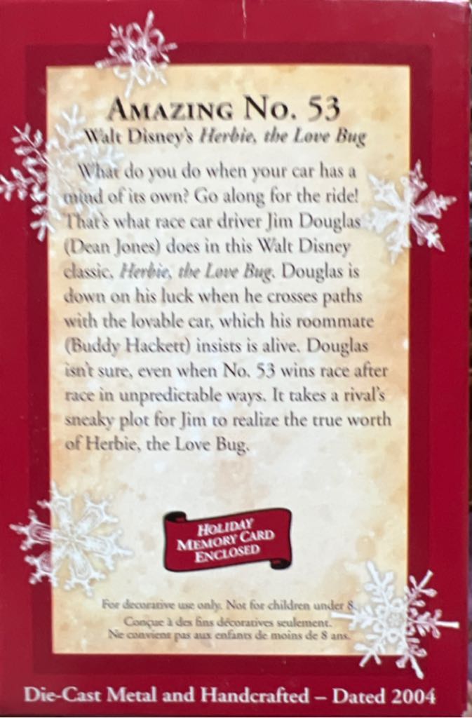 Amazing No. 53 - Walt Disney’s Herbie the Love Bug (Disney) ornament collectible [Barcode 015012807790] - Main Image 2