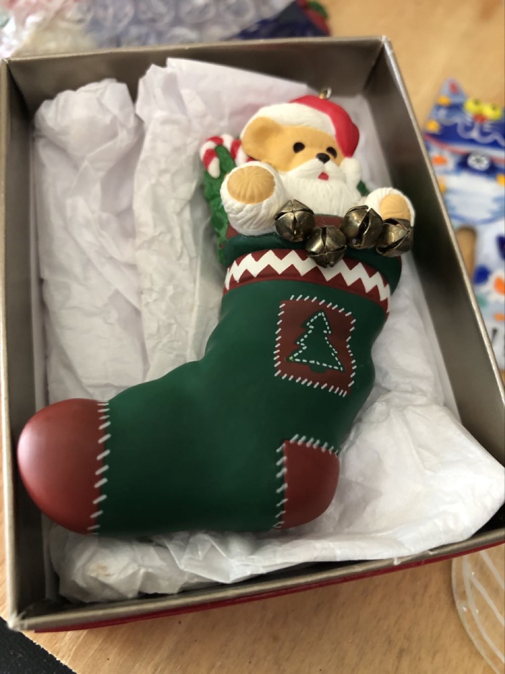 1996 Santa Bear Stocking Green  ornament collectible - Main Image 1