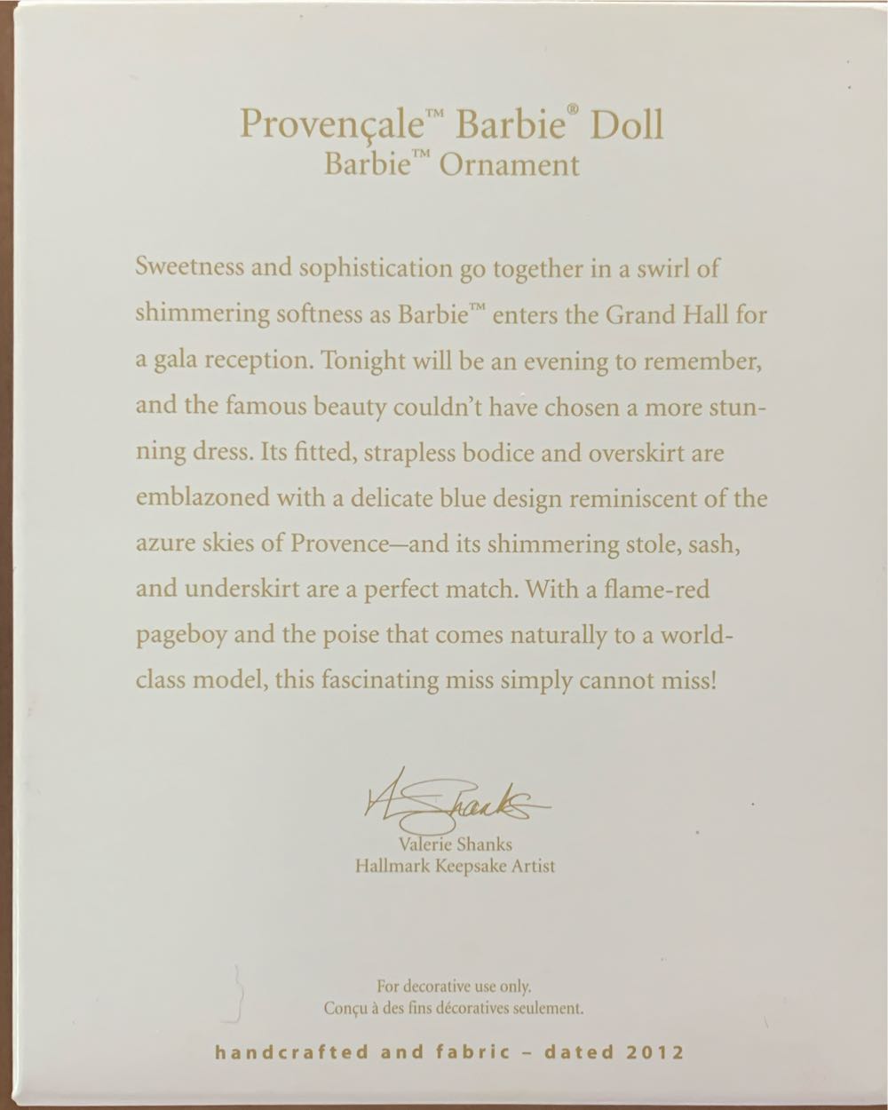 Barbie Provencale Barbie Ornament  (Barbie) ornament collectible [Barcode 795902273514] - Main Image 3