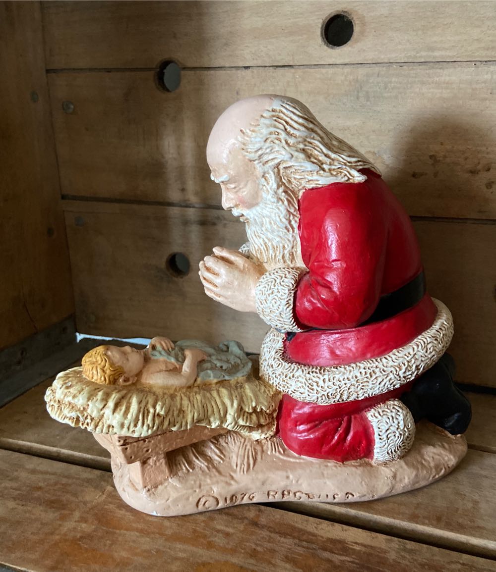 Christmas Vintage. Santa With Baby Jesus. 1976. Kneeling Santa Praying Over Baby Jesus. Commissioned By RP Gauer And Created By Rudolph Vargas. Thought To Be The Original Kneeling Santa.  (Vintage Santa) ornament collectible - Main Image 2