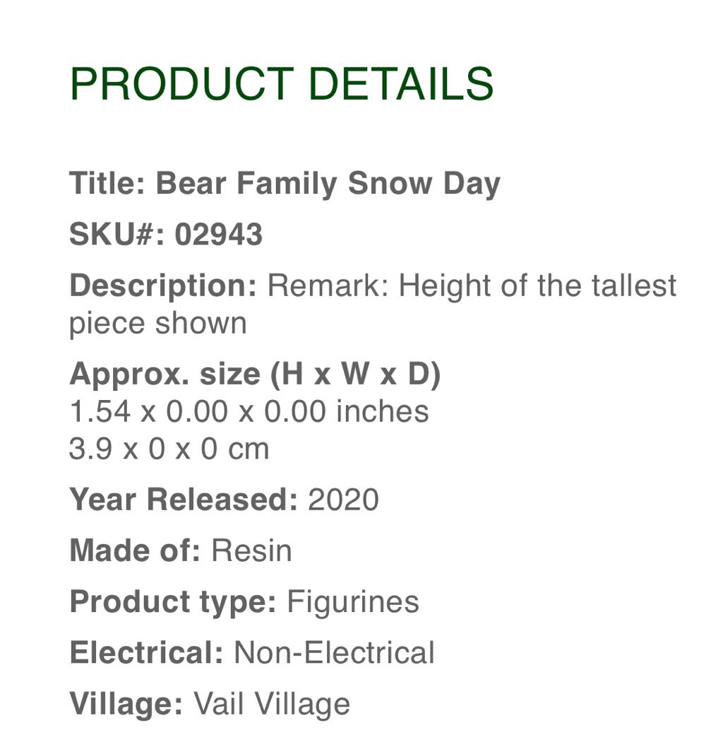 #02943 Bear Family Snow Day - Lemax Vail Village (Animals) ornament collectible [Barcode 728162029430] - Main Image 3