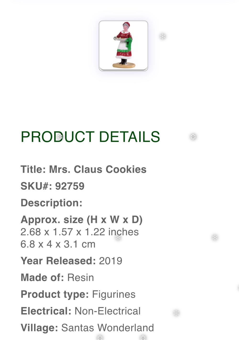 Mrs. Claus Cookies - #92759 - Santa’s Wonderland (Figurine) ornament collectible [Barcode 728162927590] - Main Image 4