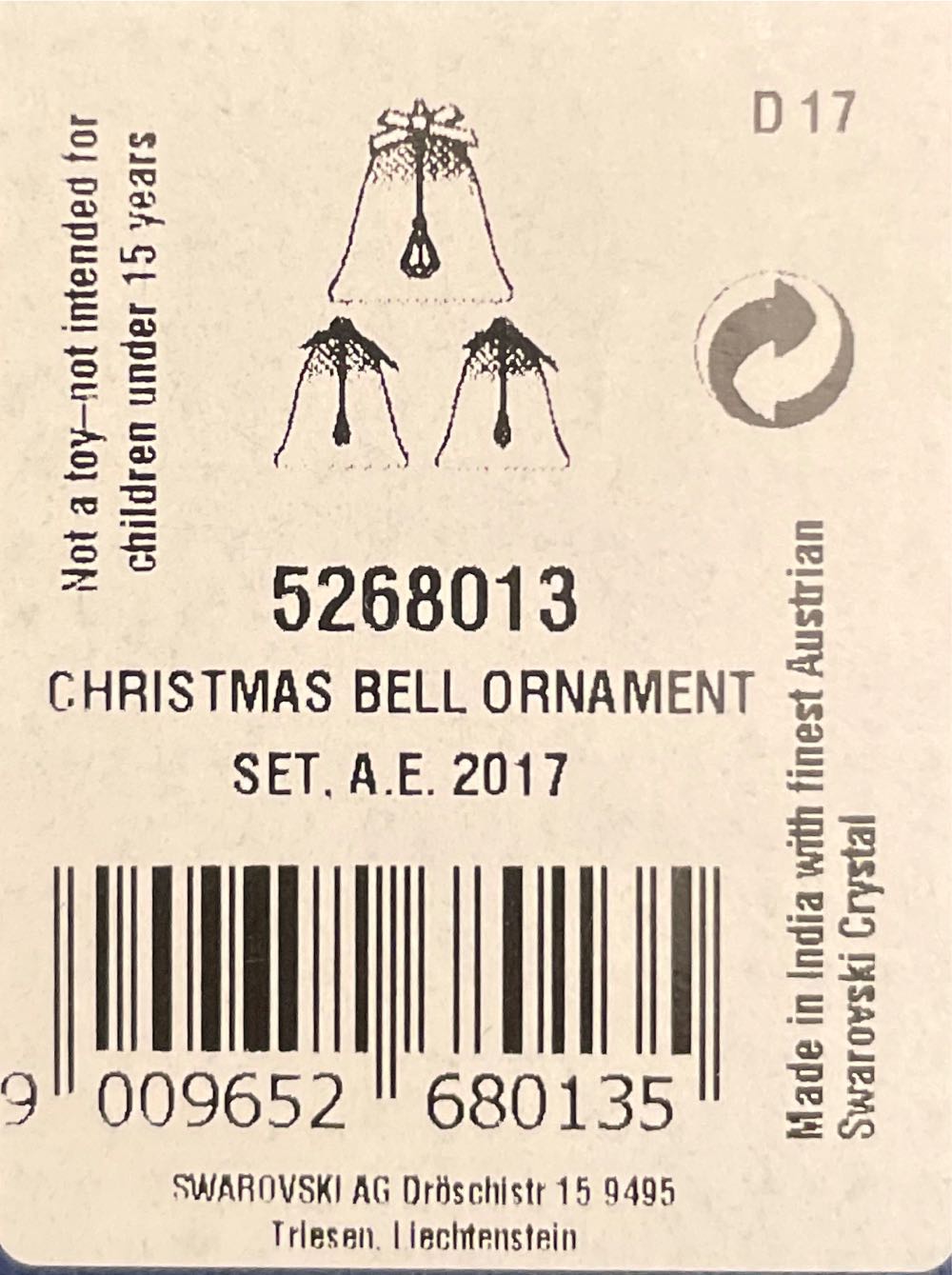 Swarovski Annual Christmas Bell Ornament Set 2017 - Annual Ornament ornament collectible [Barcode 9009652680135] - Main Image 2