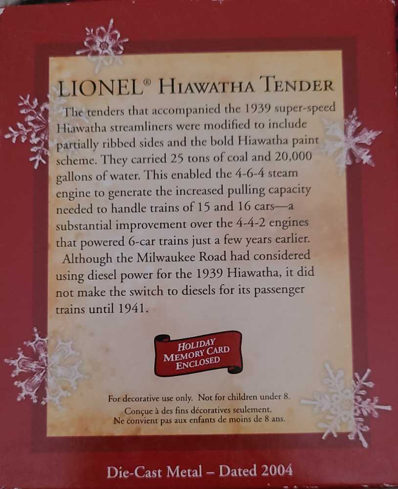 LIONEL Hiawatha Tender  (Lionel Trains) ornament collectible - Main Image 2