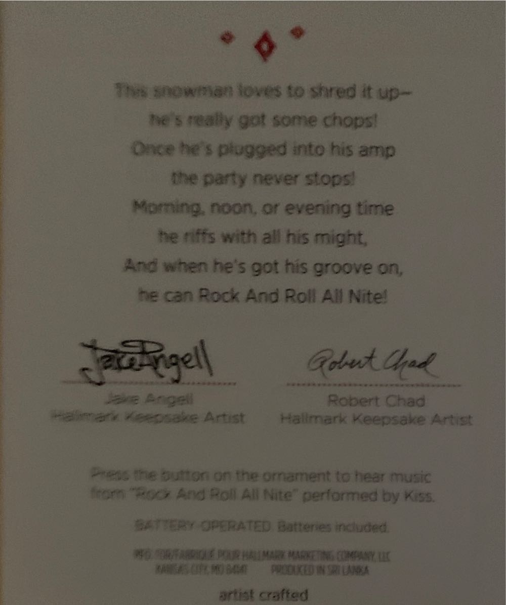 Musical Snowman Plays Rock & Roll All Nite Kiss Band - Christmas Ornaments (Snowmen) ornament collectible [Barcode 763795954087] - Main Image 2