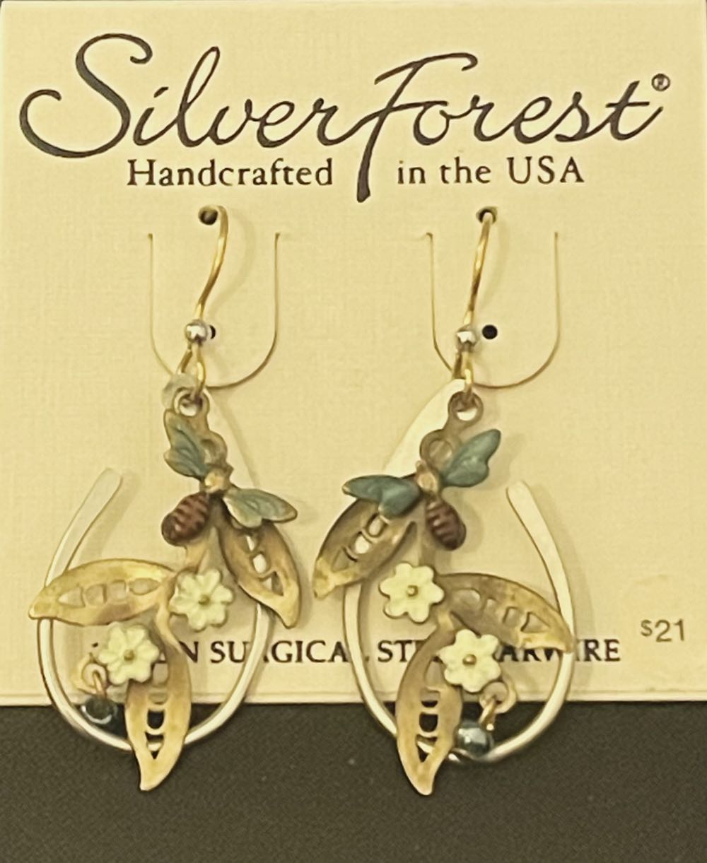 Silver Forest Bee Flower Loop Earrings NE-1281  ornament collectible - Main Image 1